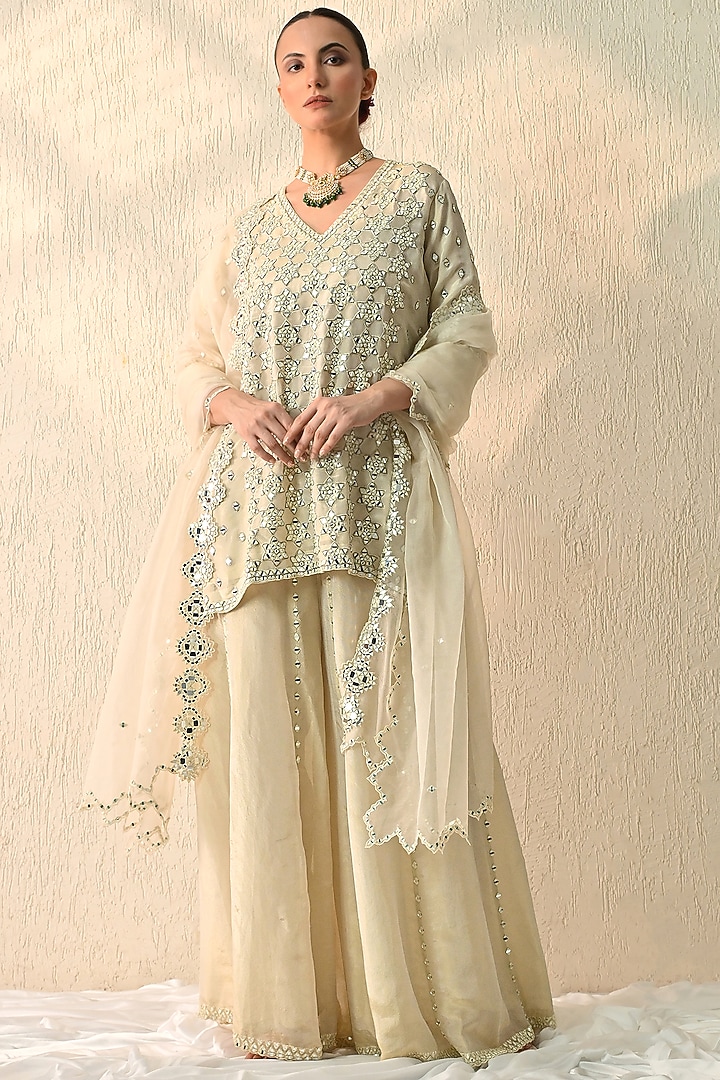 Vanilla Ice Crushed Chanderi Silk Wedding Sharara Set by OHH CROW INDIA at Pernia's Pop Up Shop