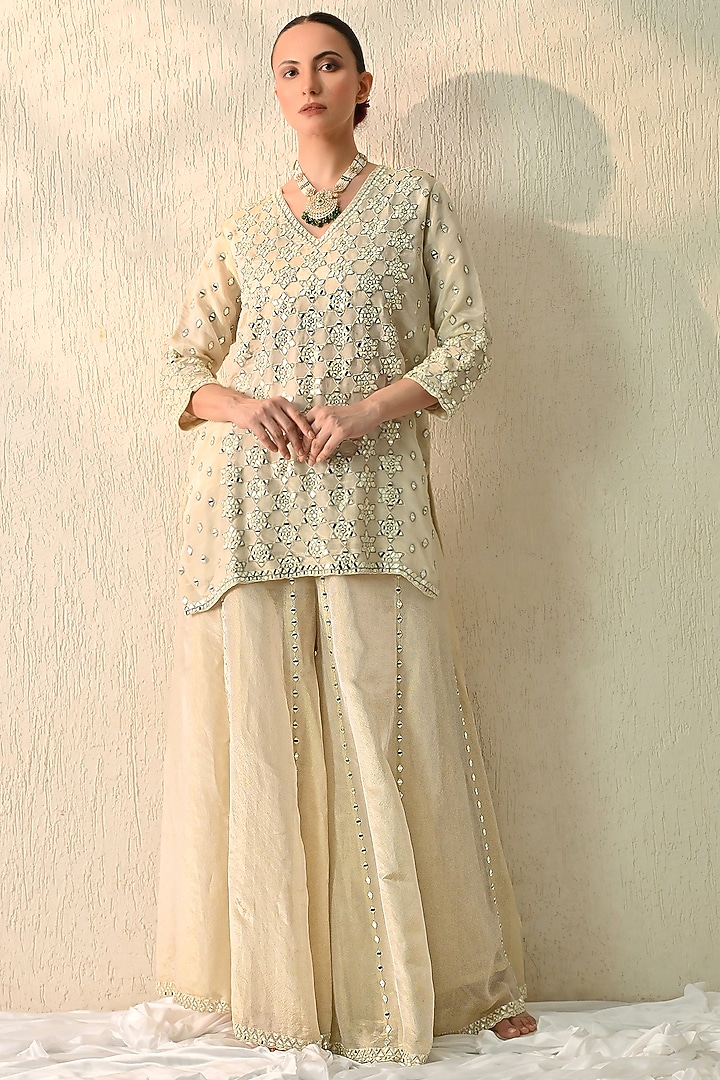 Vanilla Ice Crushed Chanderi Silk Wedding Sharara Set by OHH CROW INDIA at Pernia's Pop Up Shop