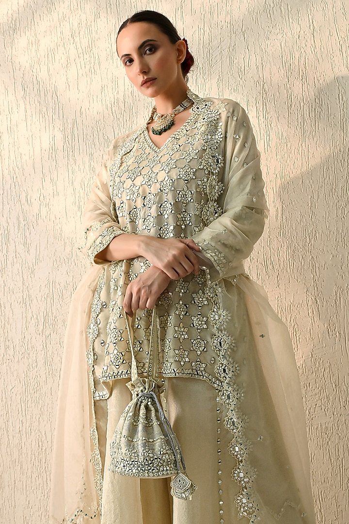 Vanilla Ice Crushed Chanderi Silk Wedding Sharara Set by OHH CROW INDIA at Pernia's Pop Up Shop