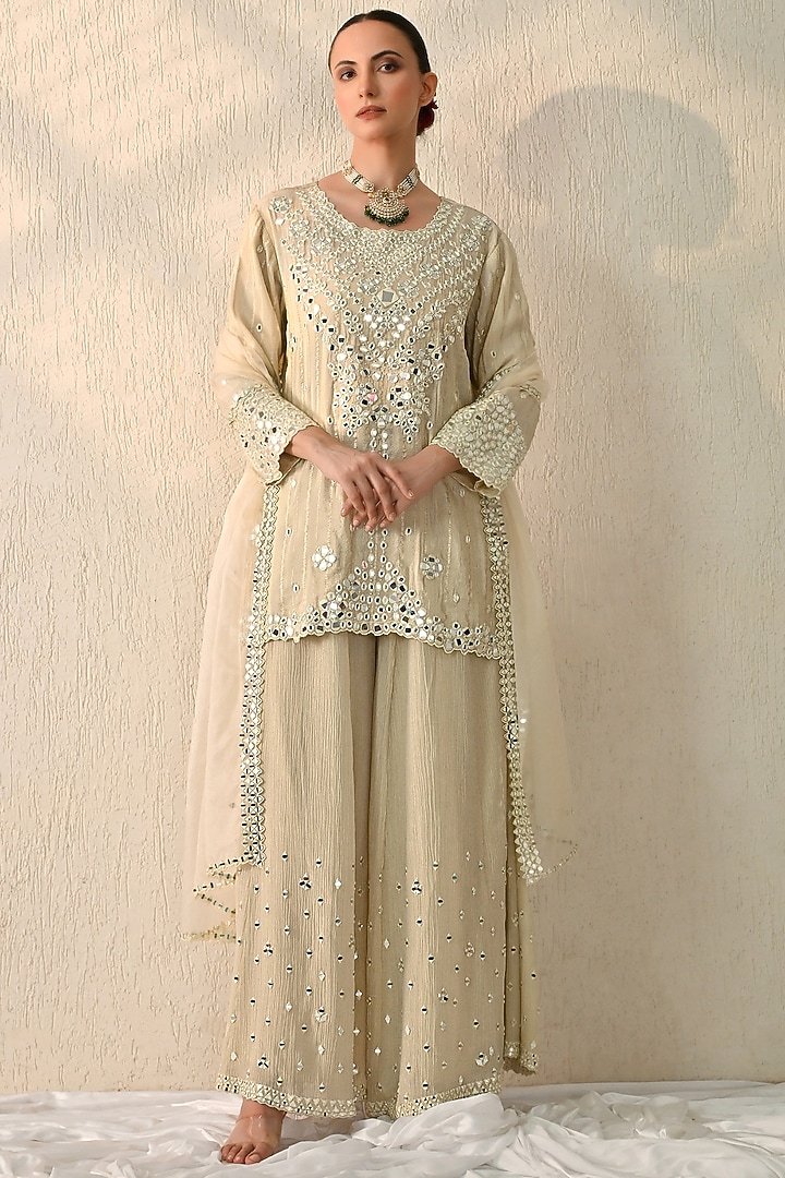 Vanilla Ice Crushed Chanderi Mirror Embroidered Wedding Sharara Set by OHH CROW INDIA at Pernia's Pop Up Shop