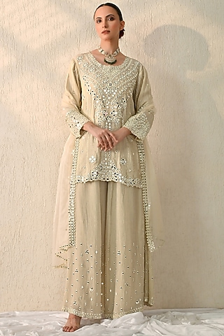 Vanilla Ice Crushed Chanderi Mirror Embroidered Sharara Set by OHH CROW INDIA