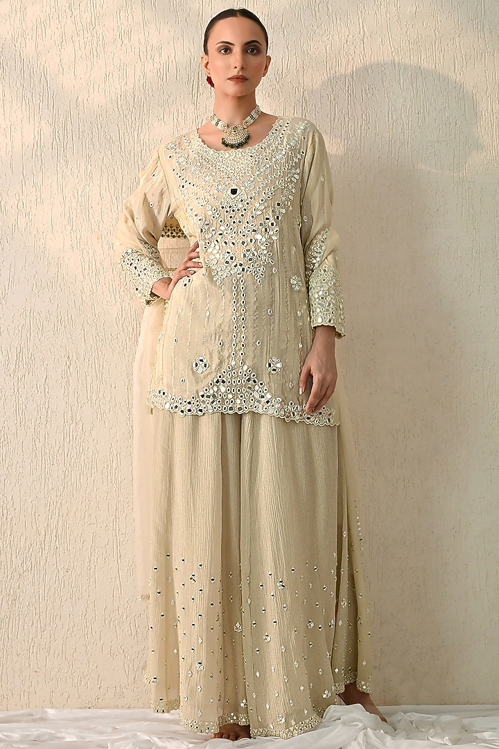 Vanilla Ice Crushed Chanderi Mirror Embroidered Wedding Sharara Set by OHH CROW INDIA at Pernia's Pop Up Shop