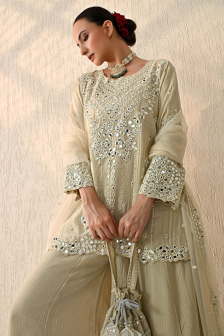 Vanilla Ice Crushed Chanderi Mirror Embroidered Wedding Sharara Set by OHH CROW INDIA at Pernia's Pop Up Shop