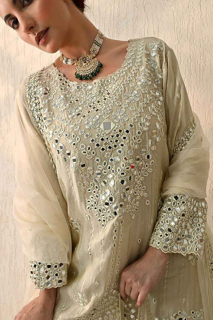 Vanilla Ice Crushed Chanderi Mirror Embroidered Wedding Sharara Set by OHH CROW INDIA at Pernia's Pop Up Shop