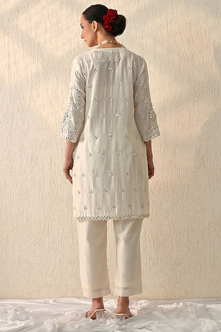 Powder Cream Chanderi Silk Mirror Hand Embroidered Kurta Set by OHH CROW INDIA at Pernia's Pop Up Shop