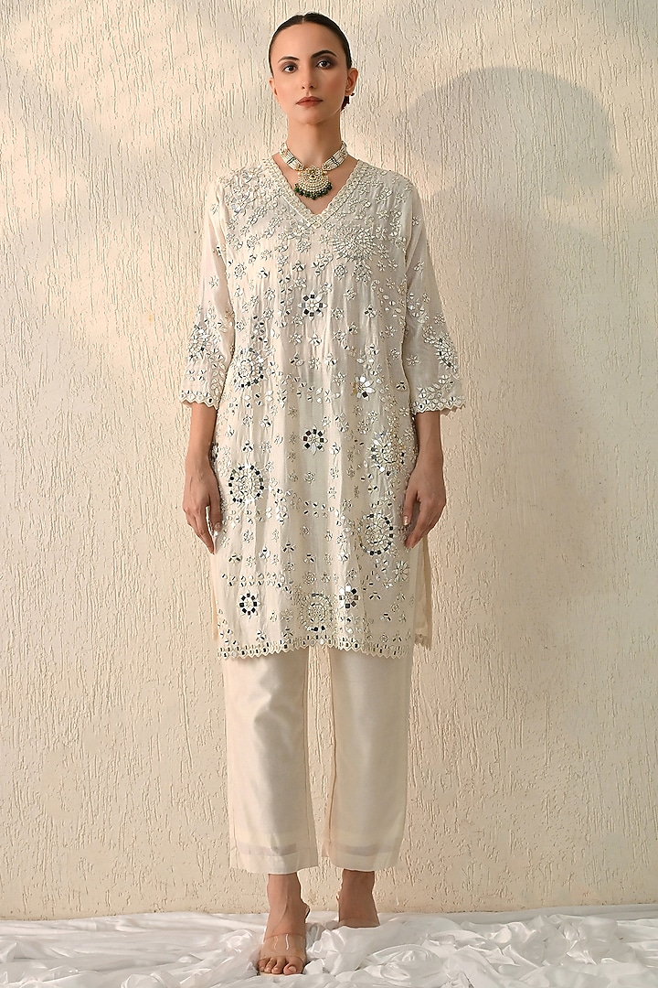 Powder Cream Chanderi Silk Mirror Hand Embroidered Kurta Set by OHH CROW INDIA at Pernia's Pop Up Shop