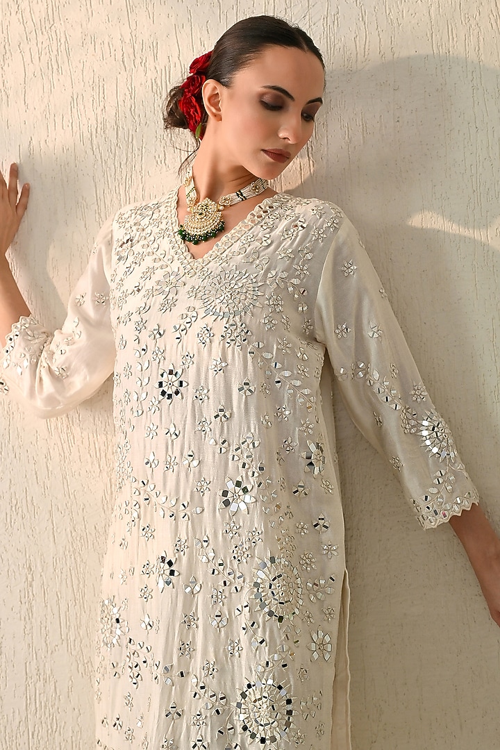 Powder Cream Chanderi Silk Mirror Hand Embroidered Kurta Set by OHH CROW INDIA at Pernia's Pop Up Shop