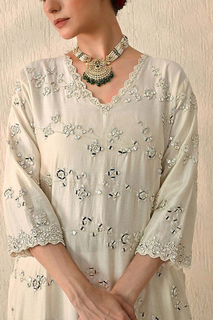 Powder Cream Chanderi Silk Mirror Hand Embroidered Kurta Set by OHH CROW INDIA at Pernia's Pop Up Shop