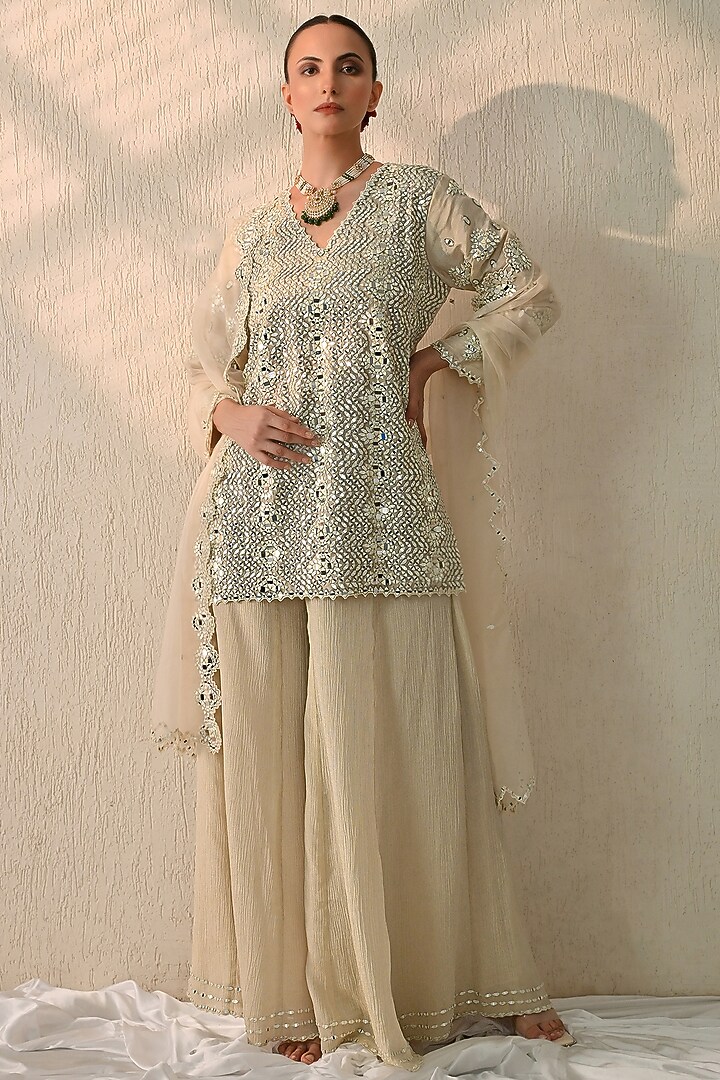 Cannoli Cream Crushed Chanderi Silk Wedding Sharara Set by OHH CROW INDIA at Pernia's Pop Up Shop
