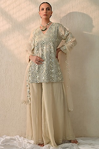 Cannoli Cream Crushed Chanderi Silk Sharara Set by OHH CROW INDIA