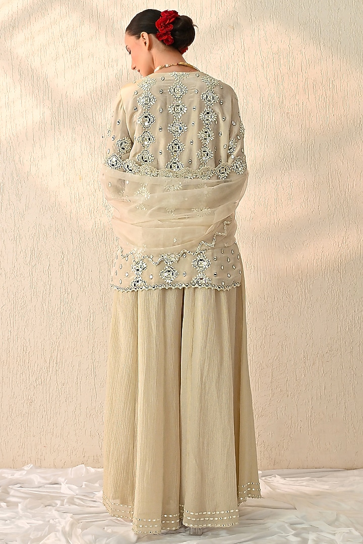 Cannoli Cream Crushed Chanderi Silk Wedding Sharara Set by OHH CROW INDIA at Pernia's Pop Up Shop