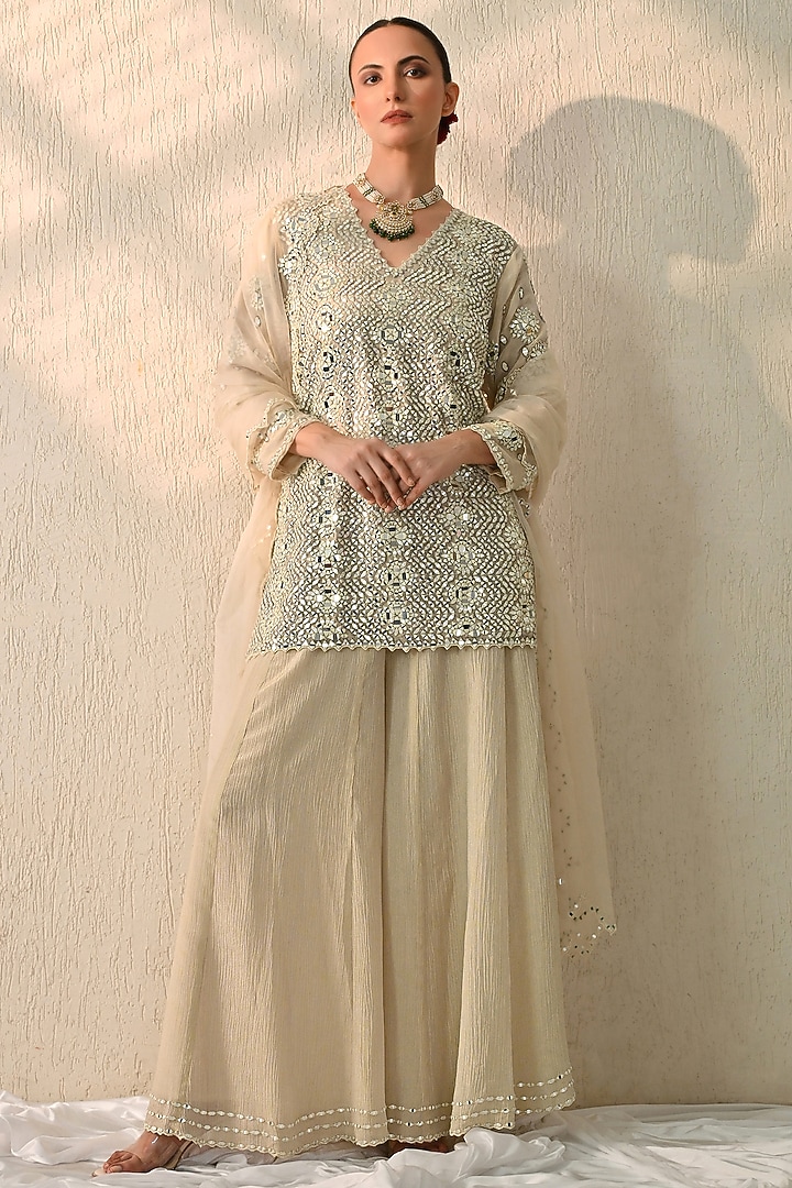 Cannoli Cream Crushed Chanderi Silk Wedding Sharara Set by OHH CROW INDIA at Pernia's Pop Up Shop