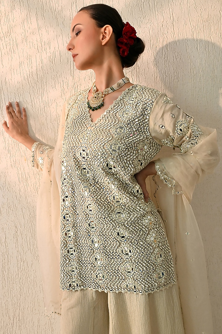 Cannoli Cream Crushed Chanderi Silk Wedding Sharara Set by OHH CROW INDIA at Pernia's Pop Up Shop