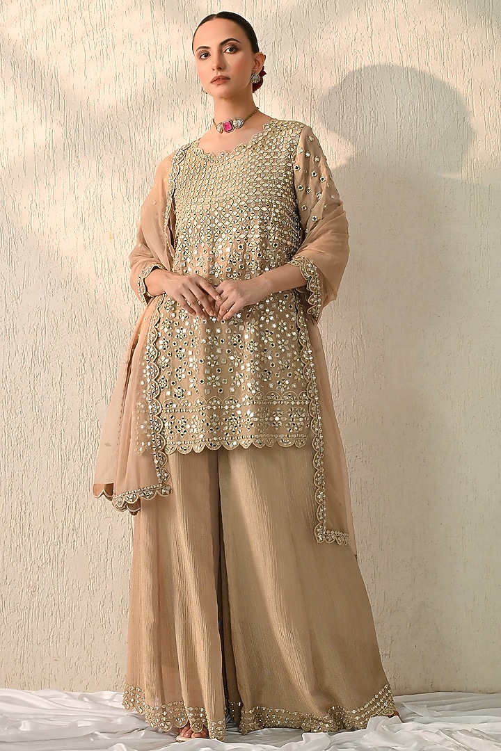 Mocha Mousse Crushed Chanderi Wedding Sharara Set by OHH CROW INDIA at Pernia's Pop Up Shop