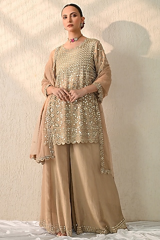 Mocha Mousse Crushed Chanderi Sharara Set by OHH CROW INDIA