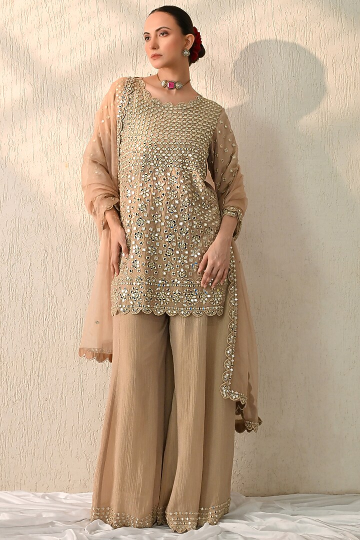 Mocha Mousse Crushed Chanderi Wedding Sharara Set by OHH CROW INDIA at Pernia's Pop Up Shop