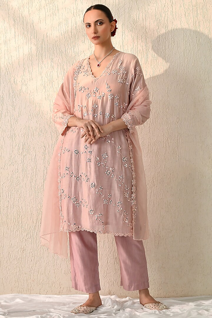 Dawn Pink Chanderi Silk Mirror Embroidered Kurta Set by OHH CROW INDIA at Pernia's Pop Up Shop