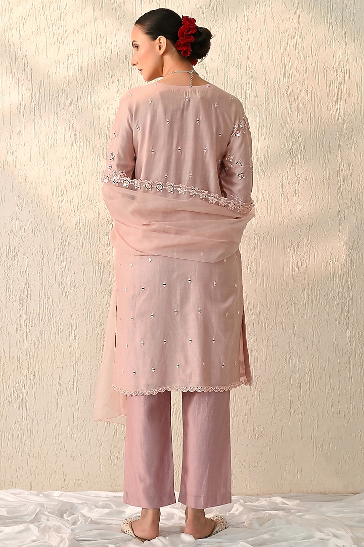 Dawn Pink Chanderi Silk Mirror Embroidered Kurta Set by OHH CROW INDIA at Pernia's Pop Up Shop