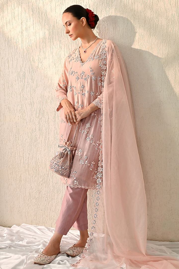 Dawn Pink Chanderi Silk Mirror Embroidered Kurta Set by OHH CROW INDIA at Pernia's Pop Up Shop