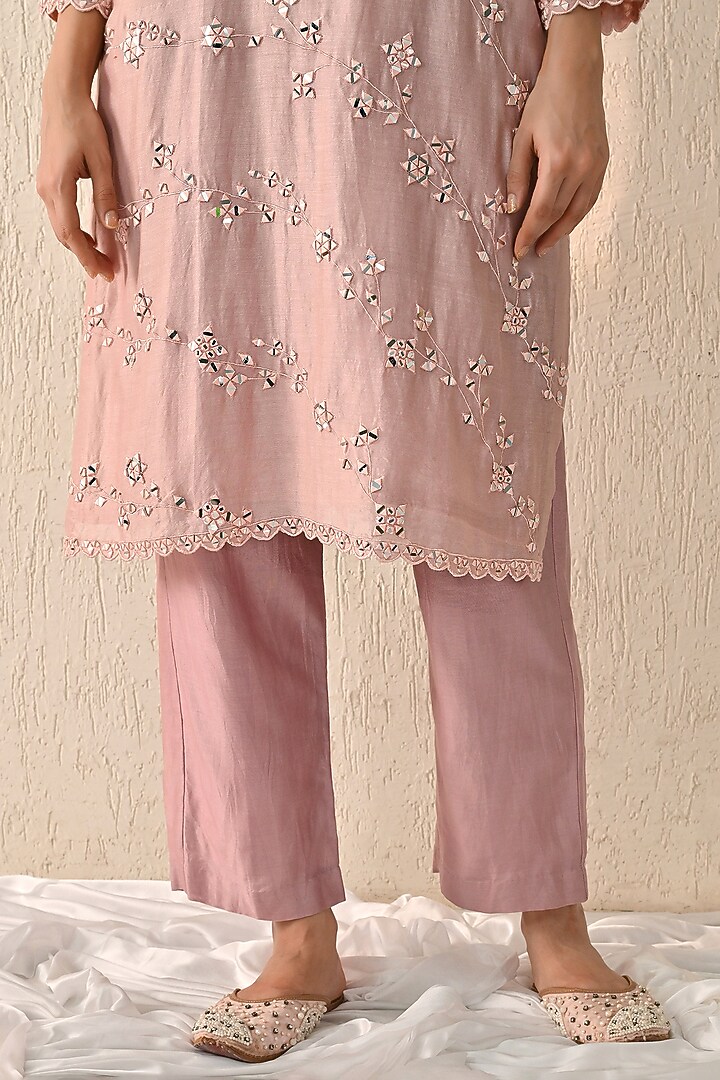 Dawn Pink Chanderi Silk Mirror Embroidered Kurta Set by OHH CROW INDIA at Pernia's Pop Up Shop