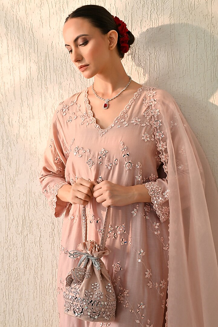 Dawn Pink Chanderi Silk Mirror Embroidered Kurta Set by OHH CROW INDIA at Pernia's Pop Up Shop