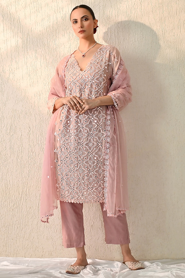 Dawn Pink Chanderi Silk Mirror Embroidered Kurta Set by OHH CROW INDIA at Pernia's Pop Up Shop