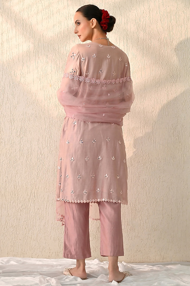 Dawn Pink Chanderi Silk Mirror Embroidered Kurta Set by OHH CROW INDIA at Pernia's Pop Up Shop