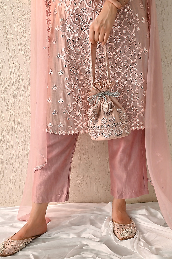 Dawn Pink Chanderi Silk Mirror Embroidered Kurta Set by OHH CROW INDIA at Pernia's Pop Up Shop