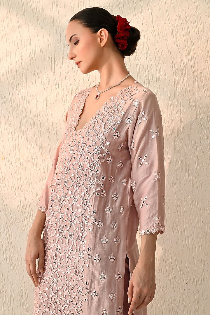 Dawn Pink Chanderi Silk Mirror Embroidered Kurta Set by OHH CROW INDIA at Pernia's Pop Up Shop