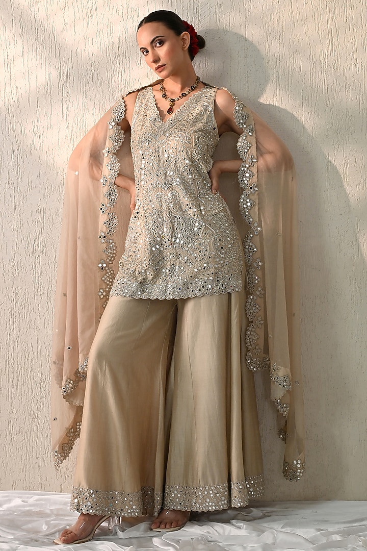 Gold Chanderi Silk Wedding Sharara Set by OHH CROW INDIA at Pernia's Pop Up Shop