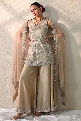 Gold Chanderi Silk Sharara Set by OHH CROW INDIA
