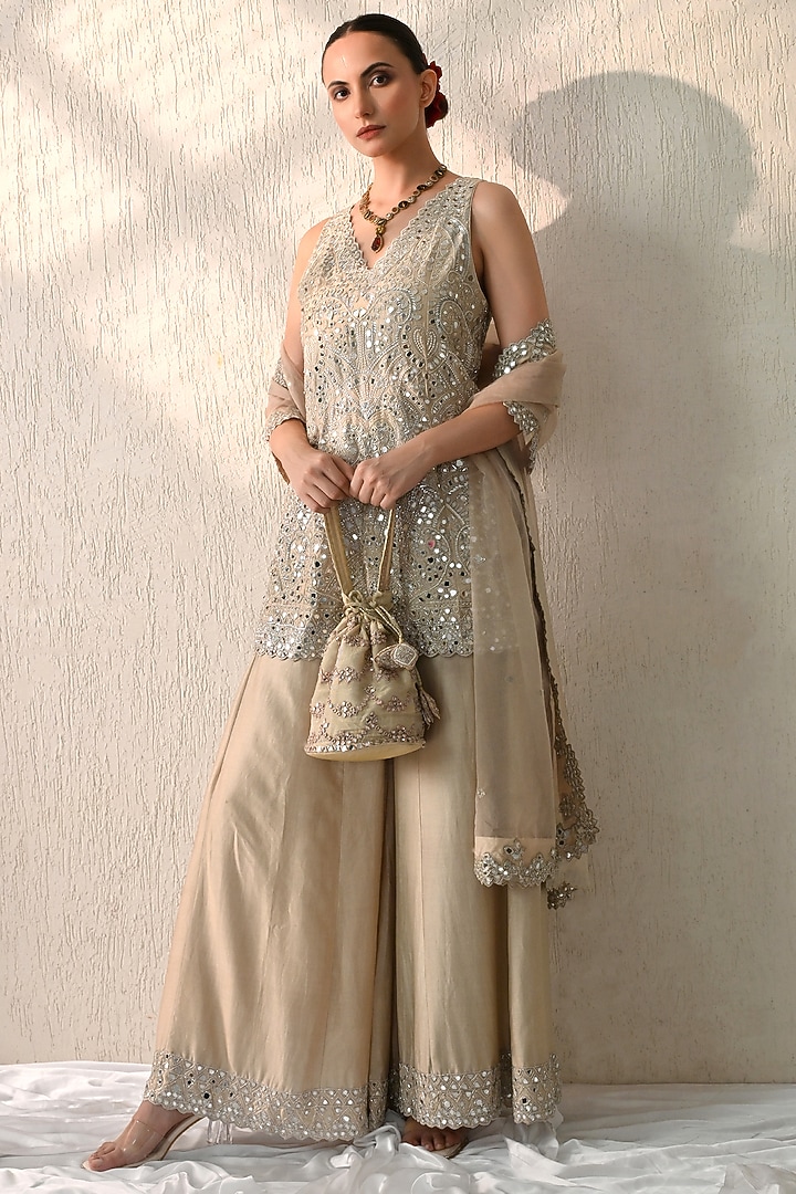 Gold Chanderi Silk Wedding Sharara Set by OHH CROW INDIA at Pernia's Pop Up Shop