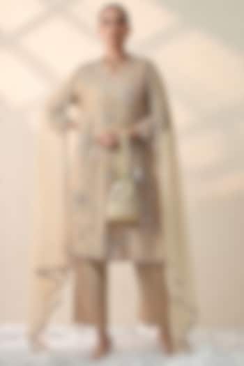 Gold Chanderi Silk Mirror Hand Embroidered Kurta Set by OHH CROW INDIA at Pernia's Pop Up Shop