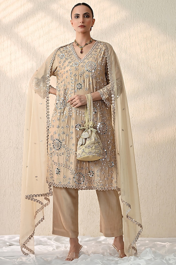 Gold Chanderi Silk Mirror Hand Embroidered Kurta Set by OHH CROW INDIA at Pernia's Pop Up Shop