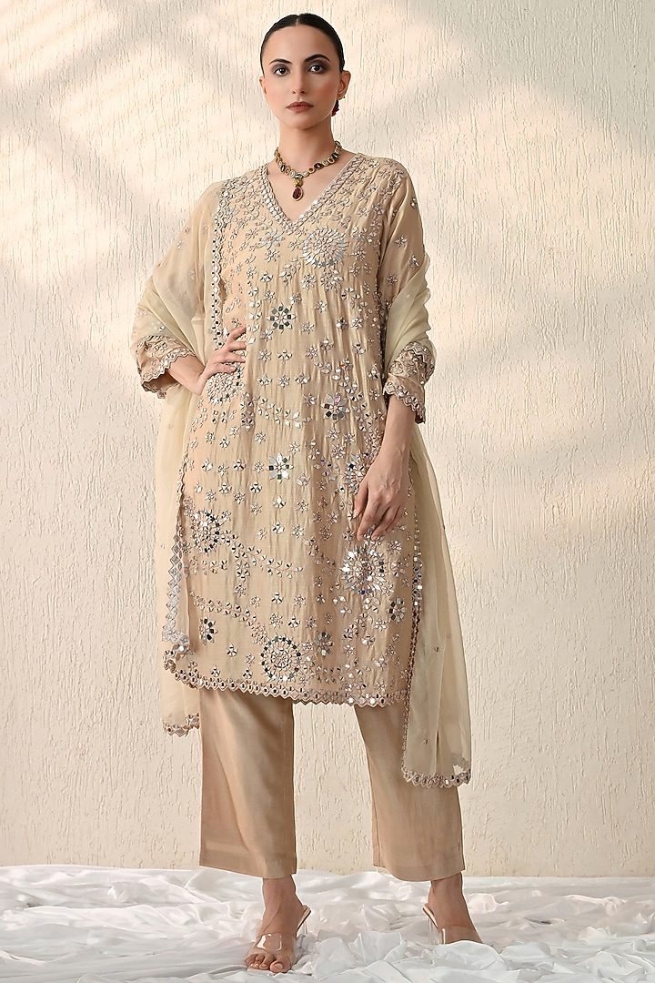 Gold Chanderi Silk Mirror Hand Embroidered Kurta Set by OHH CROW INDIA at Pernia's Pop Up Shop