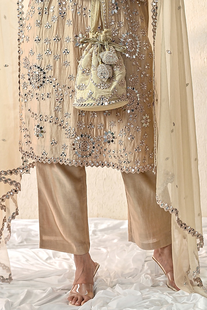 Gold Chanderi Silk Mirror Hand Embroidered Kurta Set by OHH CROW INDIA at Pernia's Pop Up Shop
