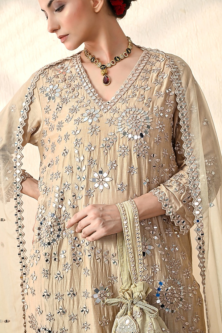Gold Chanderi Silk Mirror Hand Embroidered Kurta Set by OHH CROW INDIA at Pernia's Pop Up Shop