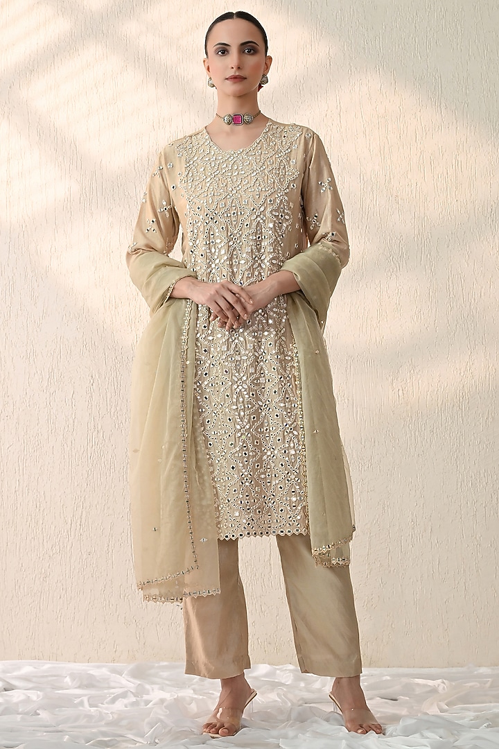 Vanilla Ice Chanderi Silk Mirror Hand Embroidered Kurta Set by OHH CROW INDIA at Pernia's Pop Up Shop