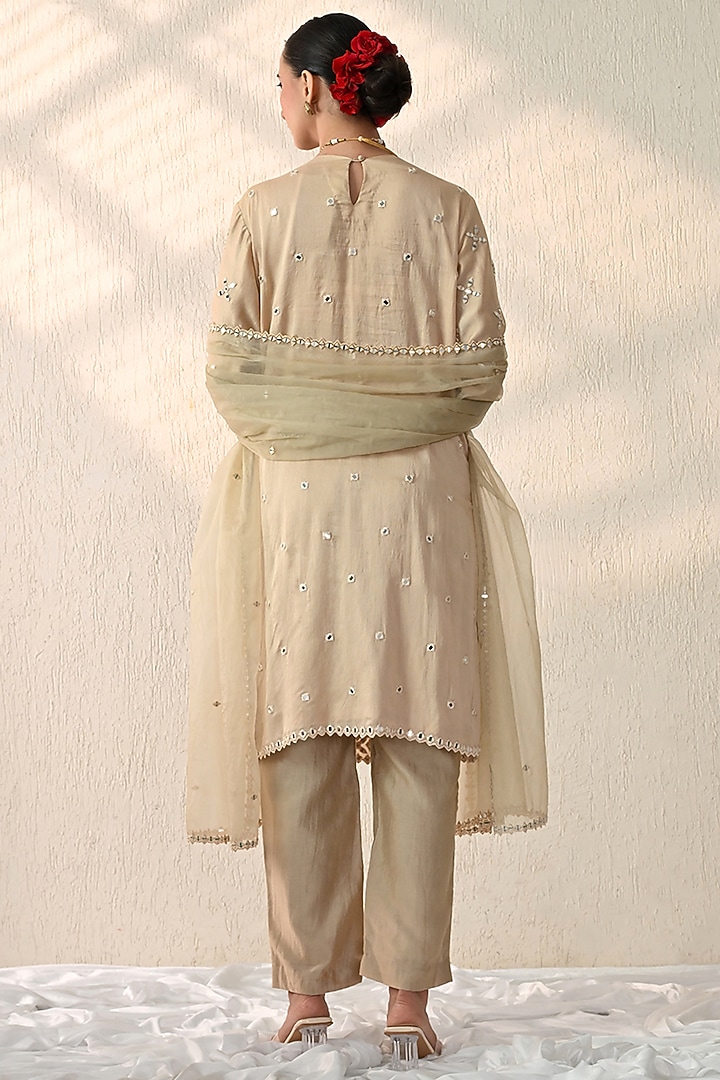 Vanilla Ice Chanderi Silk Mirror Hand Embroidered Kurta Set by OHH CROW INDIA at Pernia's Pop Up Shop