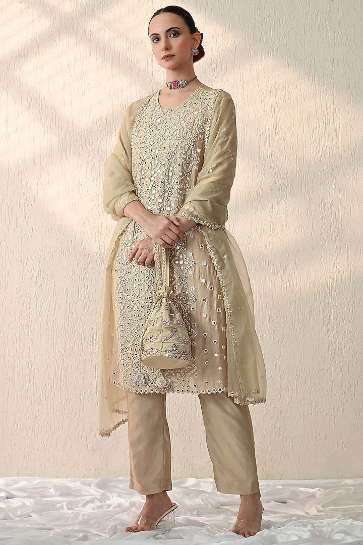 Vanilla Ice Chanderi Silk Mirror Hand Embroidered Kurta Set by OHH CROW INDIA at Pernia's Pop Up Shop