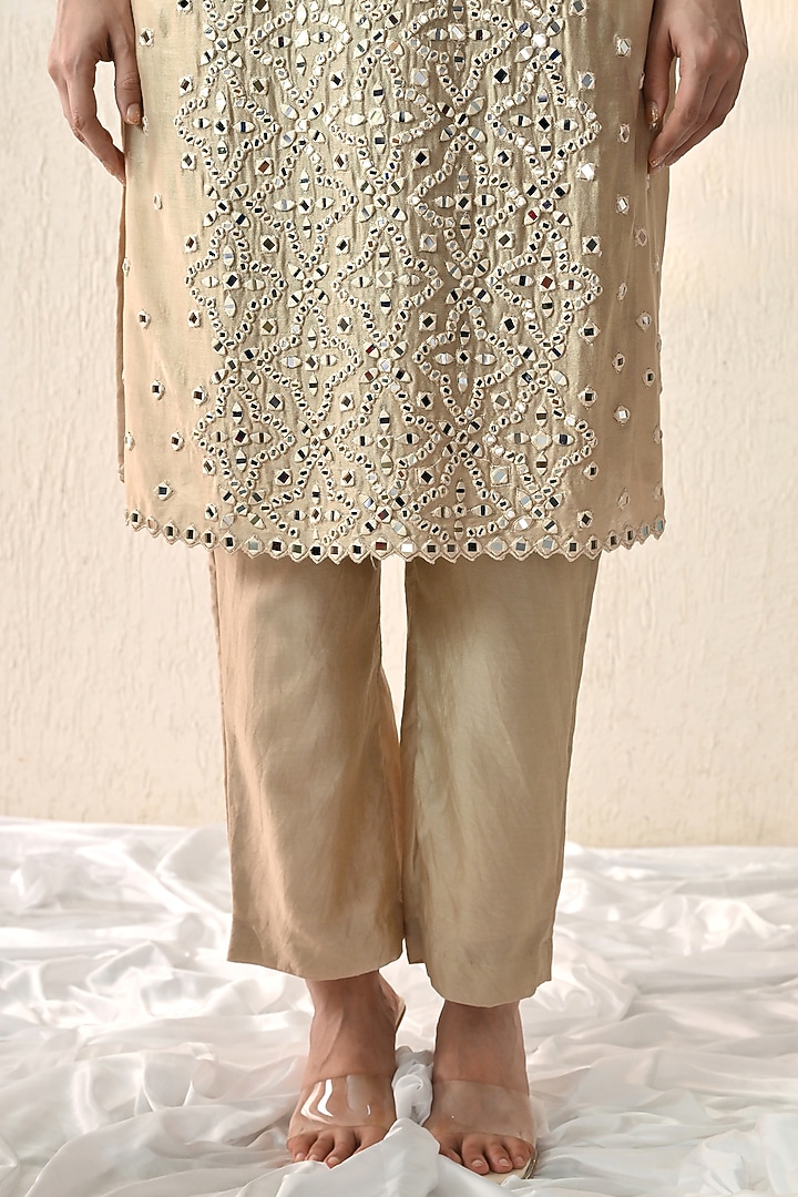 Vanilla Ice Chanderi Silk Mirror Hand Embroidered Kurta Set by OHH CROW INDIA at Pernia's Pop Up Shop