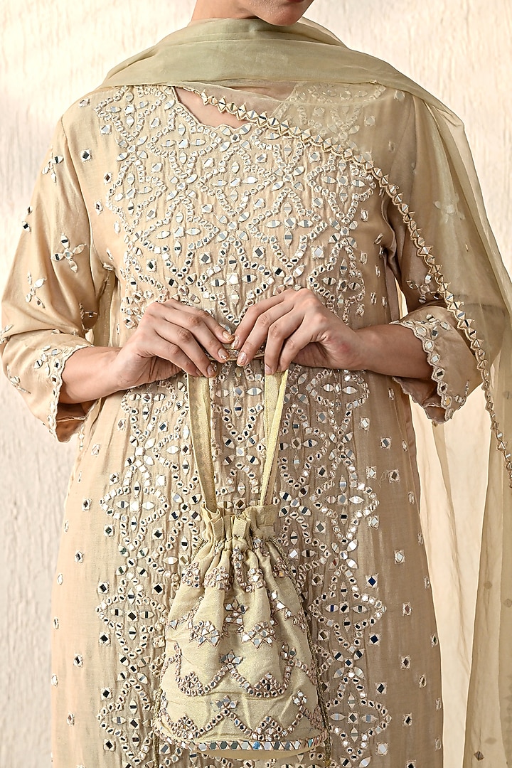 Vanilla Ice Chanderi Silk Mirror Hand Embroidered Kurta Set by OHH CROW INDIA at Pernia's Pop Up Shop