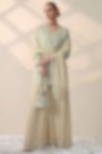 Vanilla Ice Chanderi Silk Mirror Hand Embroidered Kurta Set by OHH CROW INDIA at Pernia's Pop Up Shop