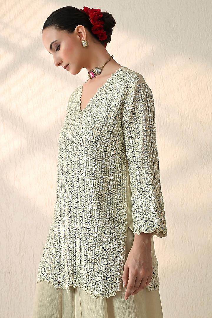 Vanilla Ice Chanderi Silk Mirror Hand Embroidered Kurta Set by OHH CROW INDIA at Pernia's Pop Up Shop