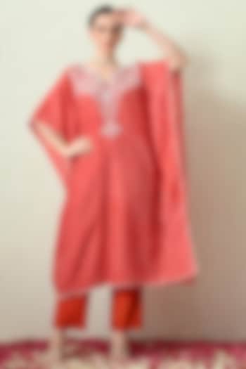 Orange Pure Gajji Silk Bandhani Hand Embroidered Kaftan Set by OHH CROW INDIA at Pernia's Pop Up Shop