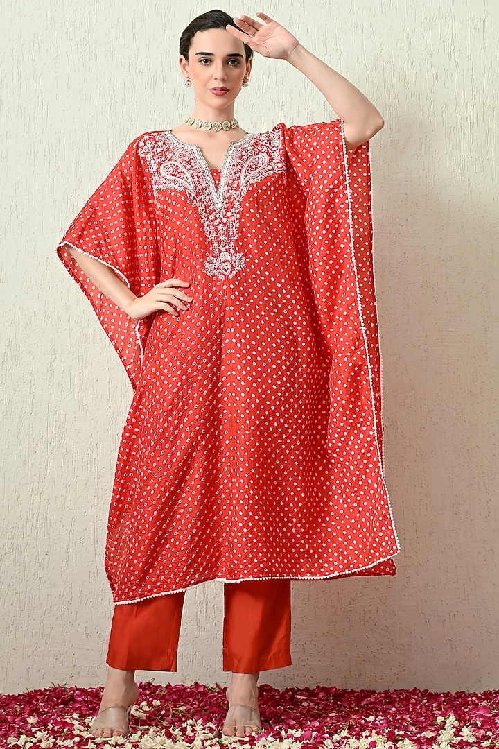 Orange Pure Gajji Silk Bandhani Hand Embroidered Kaftan Set by OHH CROW INDIA at Pernia's Pop Up Shop