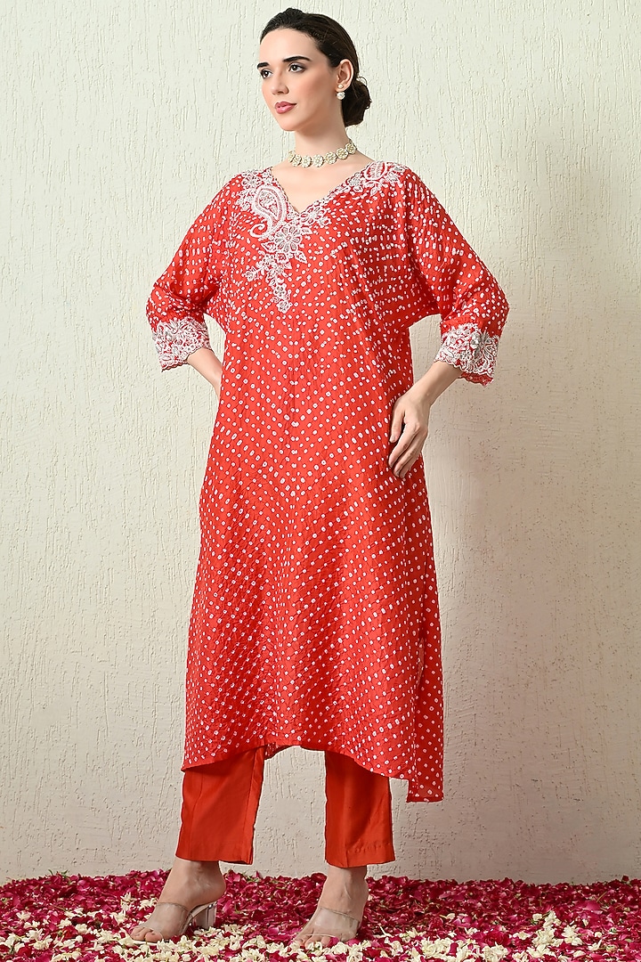 Orange Pure Gajji Silk Bandhani Hand Embroidered Kaftan Set by OHH CROW INDIA at Pernia's Pop Up Shop
