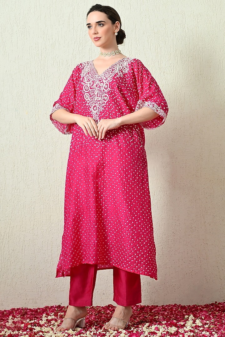 Pink Pure Gajji Silk Bandhani Hand Embroidered Kaftan Set by OHH CROW INDIA at Pernia's Pop Up Shop
