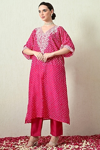 Pink Pure Gajji Silk Bandhani Hand Embroidered Kaftan Set by OHH CROW INDIA