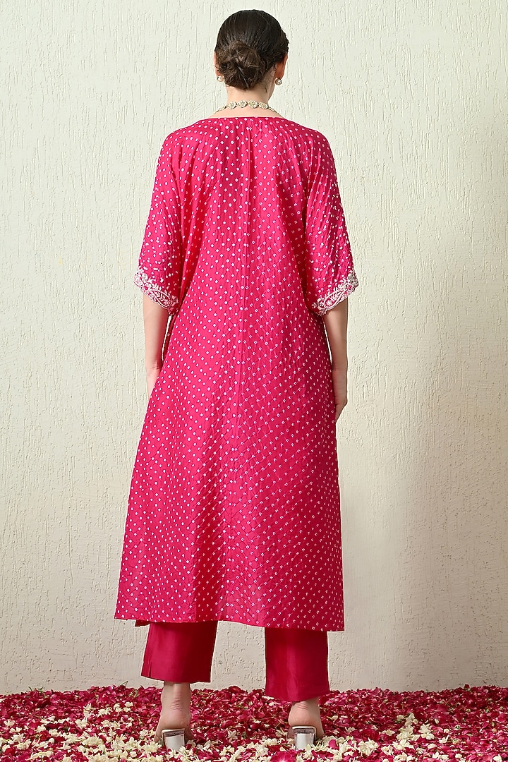 Pink Pure Gajji Silk Bandhani Hand Embroidered Kaftan Set by OHH CROW INDIA at Pernia's Pop Up Shop